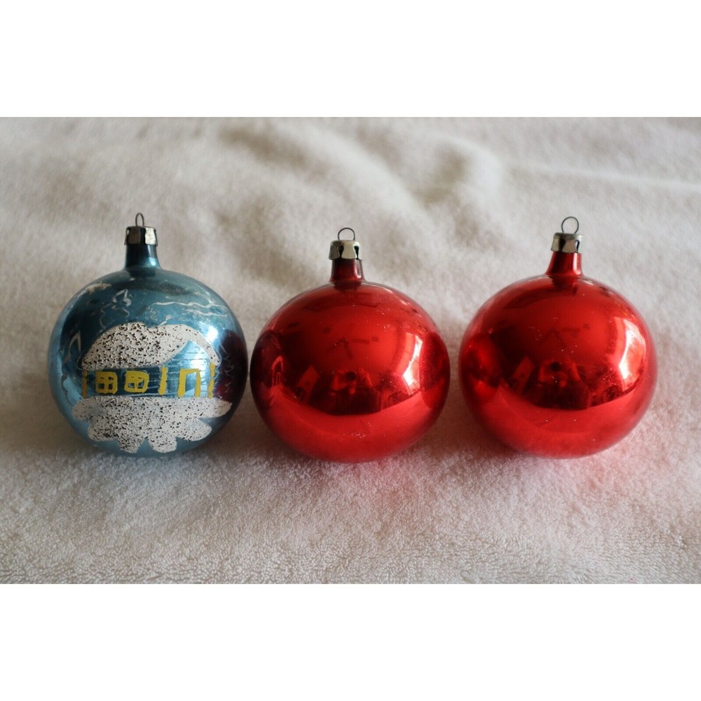 Vintage Mixed Lot of 3 Red Blue Glass Christmas Ornaments Made in Poland House